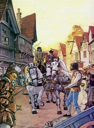 Shakespeare, staand buiten een theater en de paarden van de acteurs vasthoudend bij hun aankomst door English School